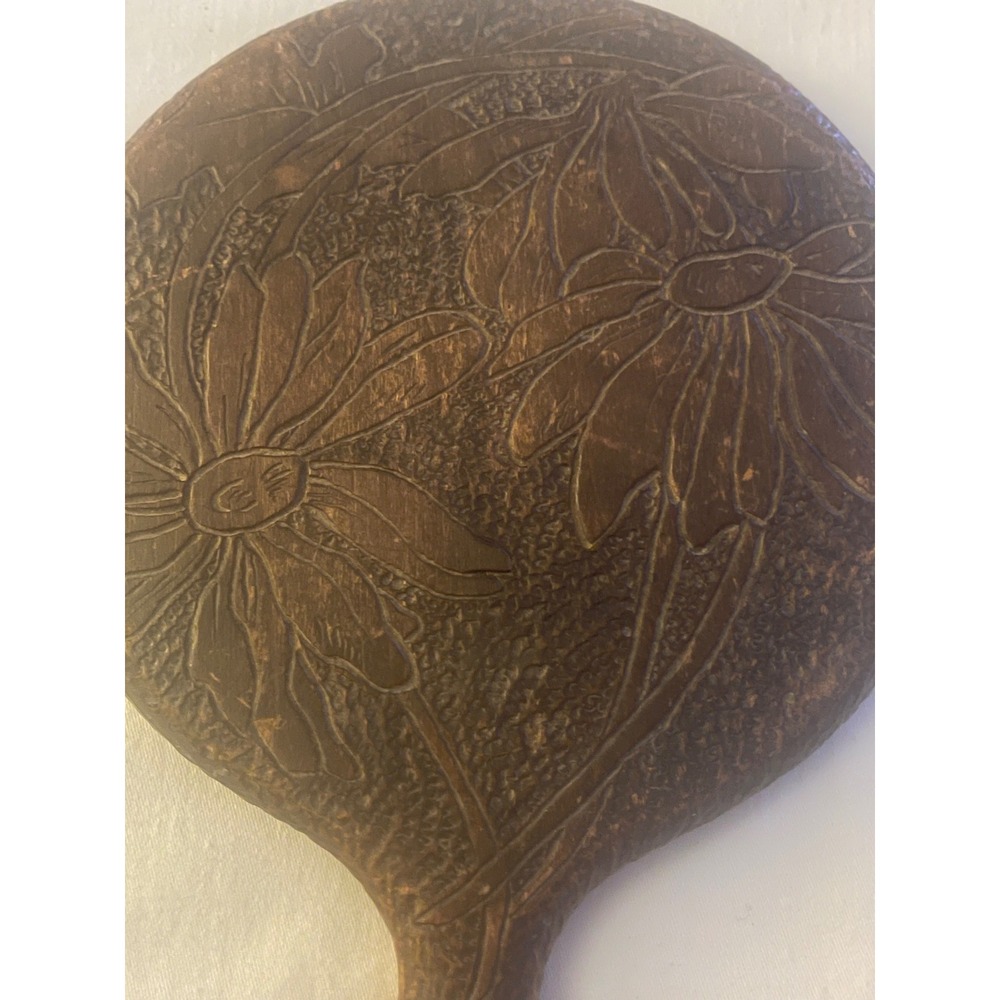 Vintage Carved Wood Hand Mirror Floral Daisy Design Brown Rustic Vanity Decor - Picture 3 of 3